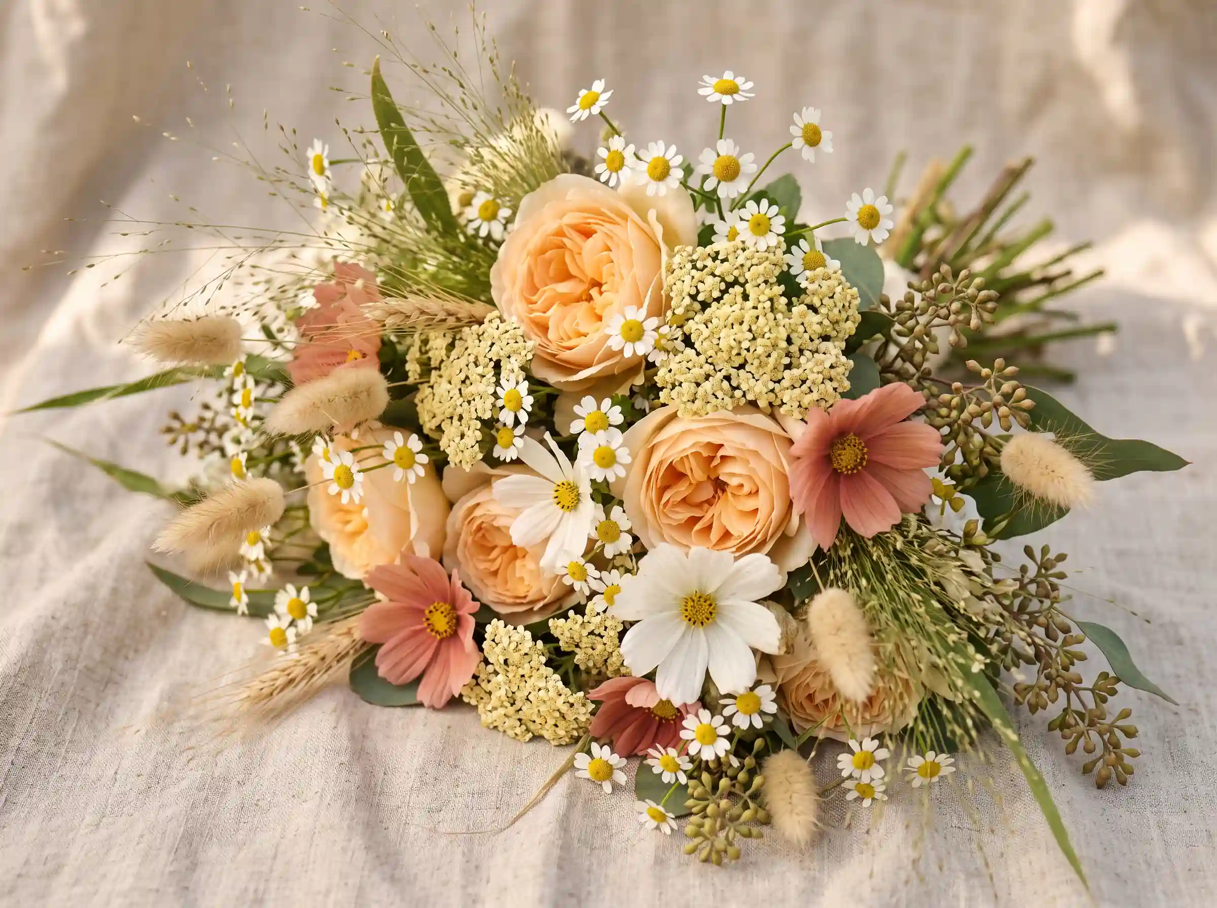 Open and airy prairie bloom gathering bouquet with wildflower boho wedding styling
