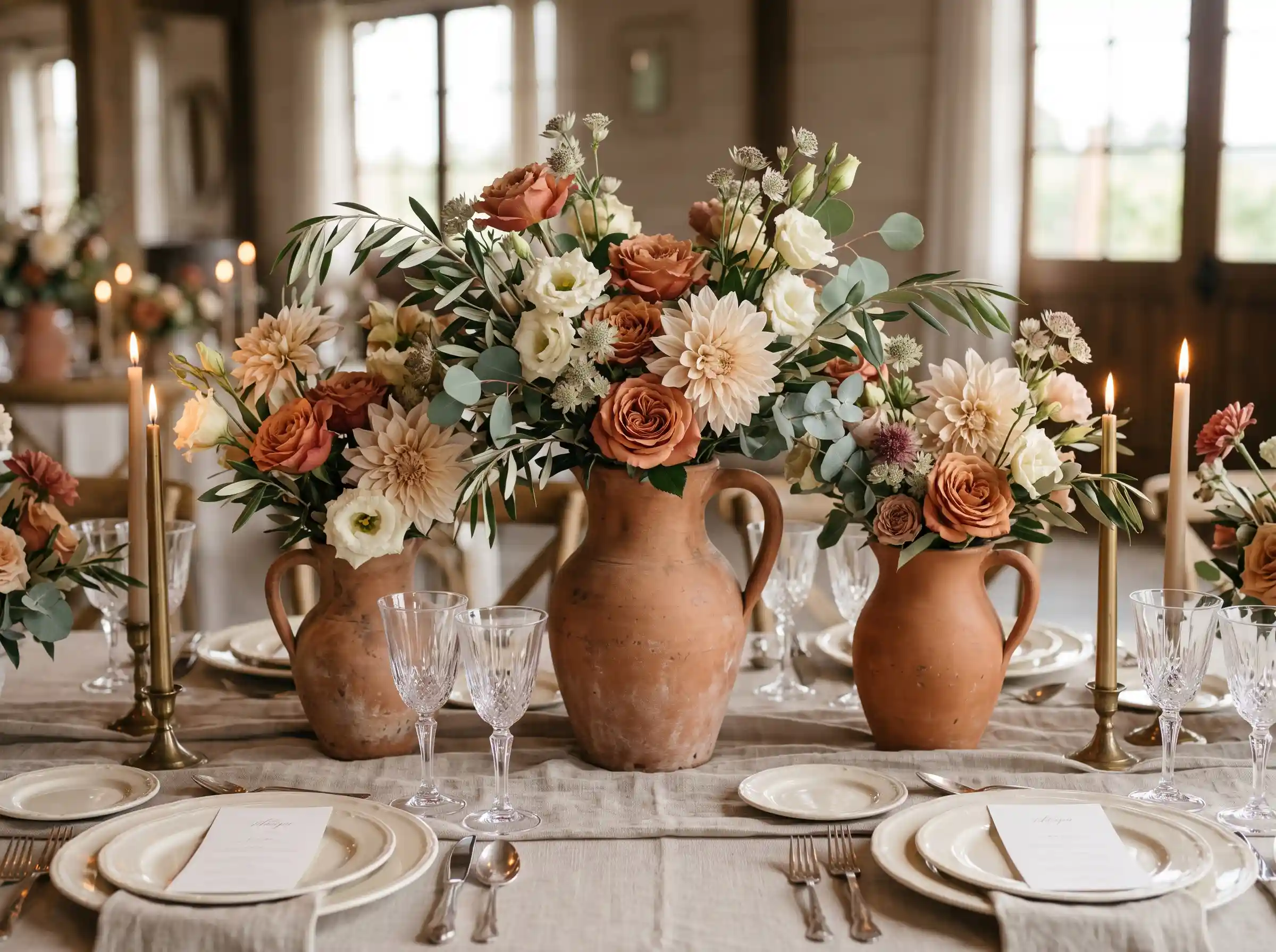 antique terracotta pots with rustic wedding flowers and Mediterranean inspired table decor