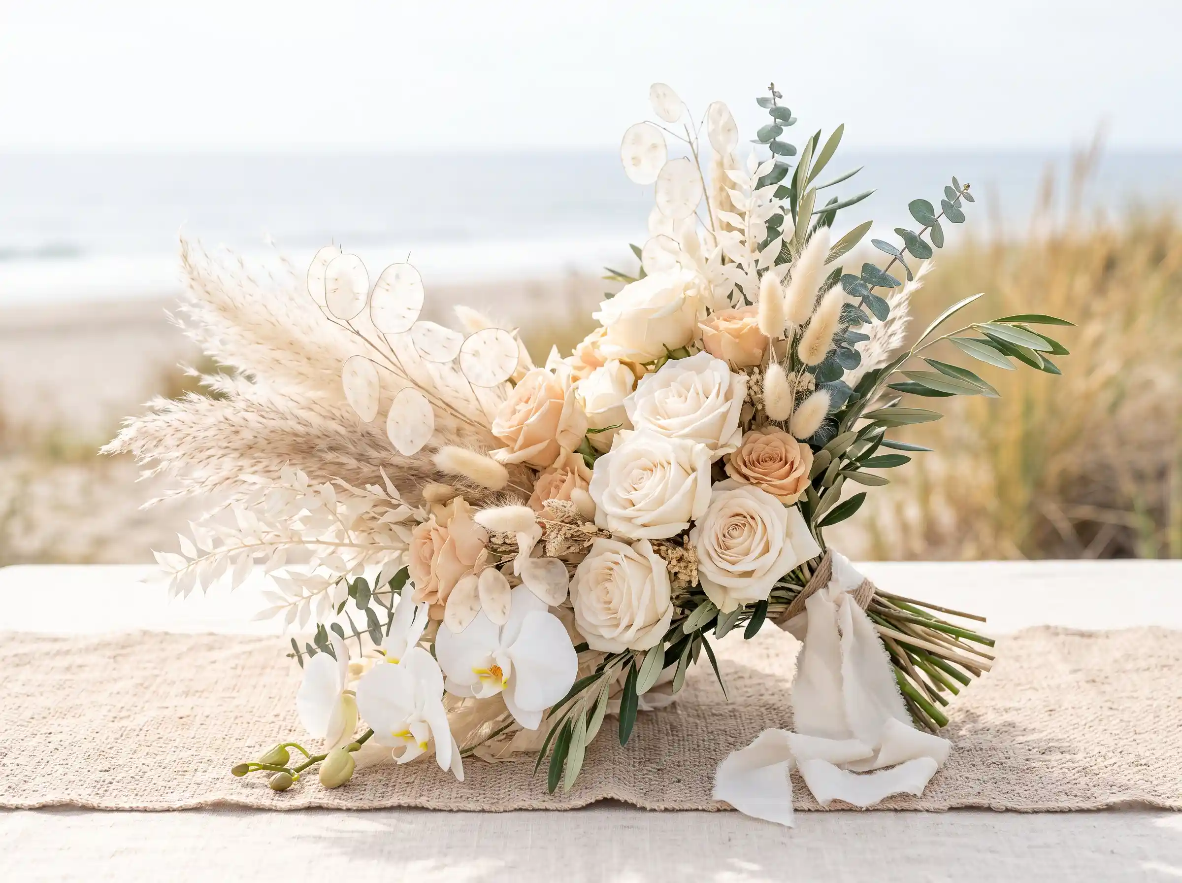 Crescent-shaped boho bridal bouquet with pampas grass and coastal-inspired dried florals