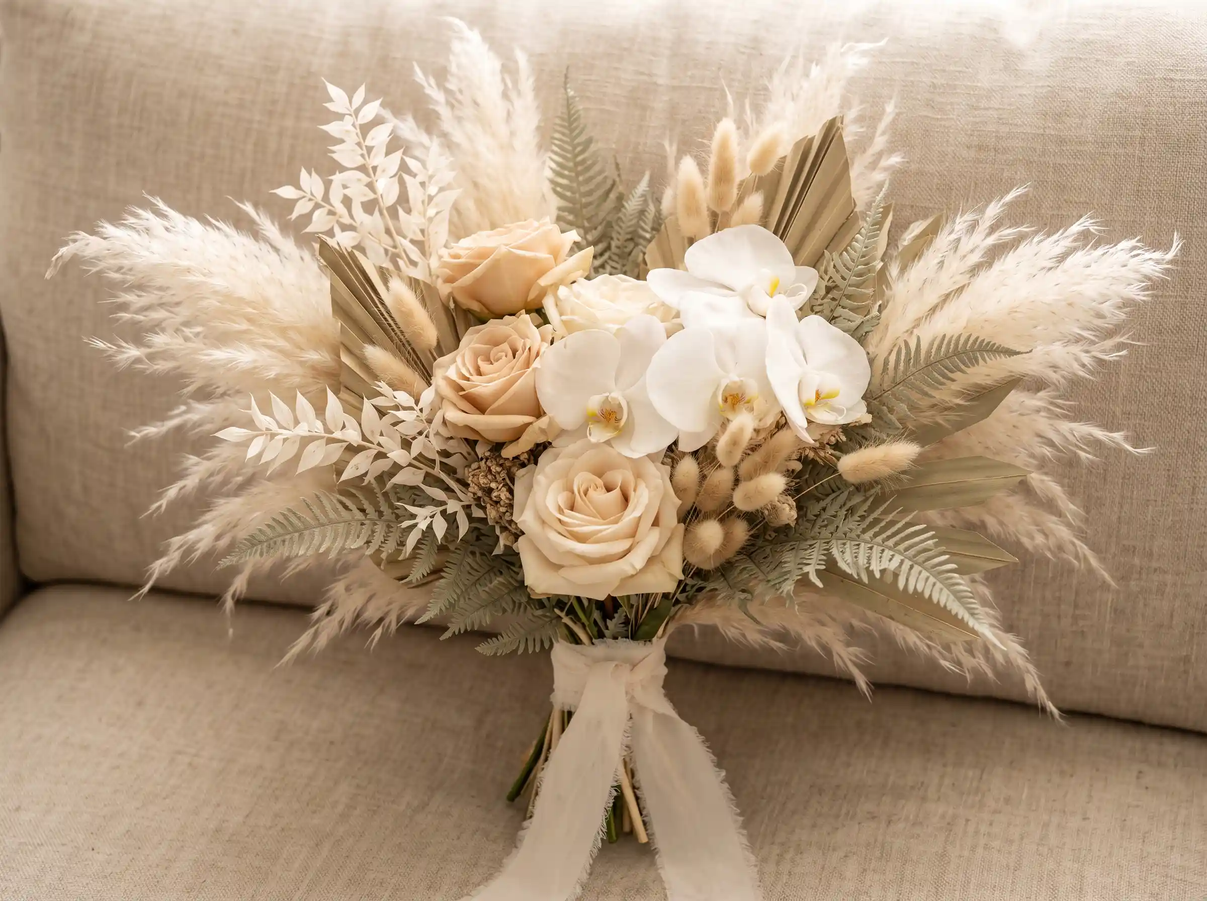 Boho luxe bridal bouquet with feathers resting on linen with textured wedding flowers
