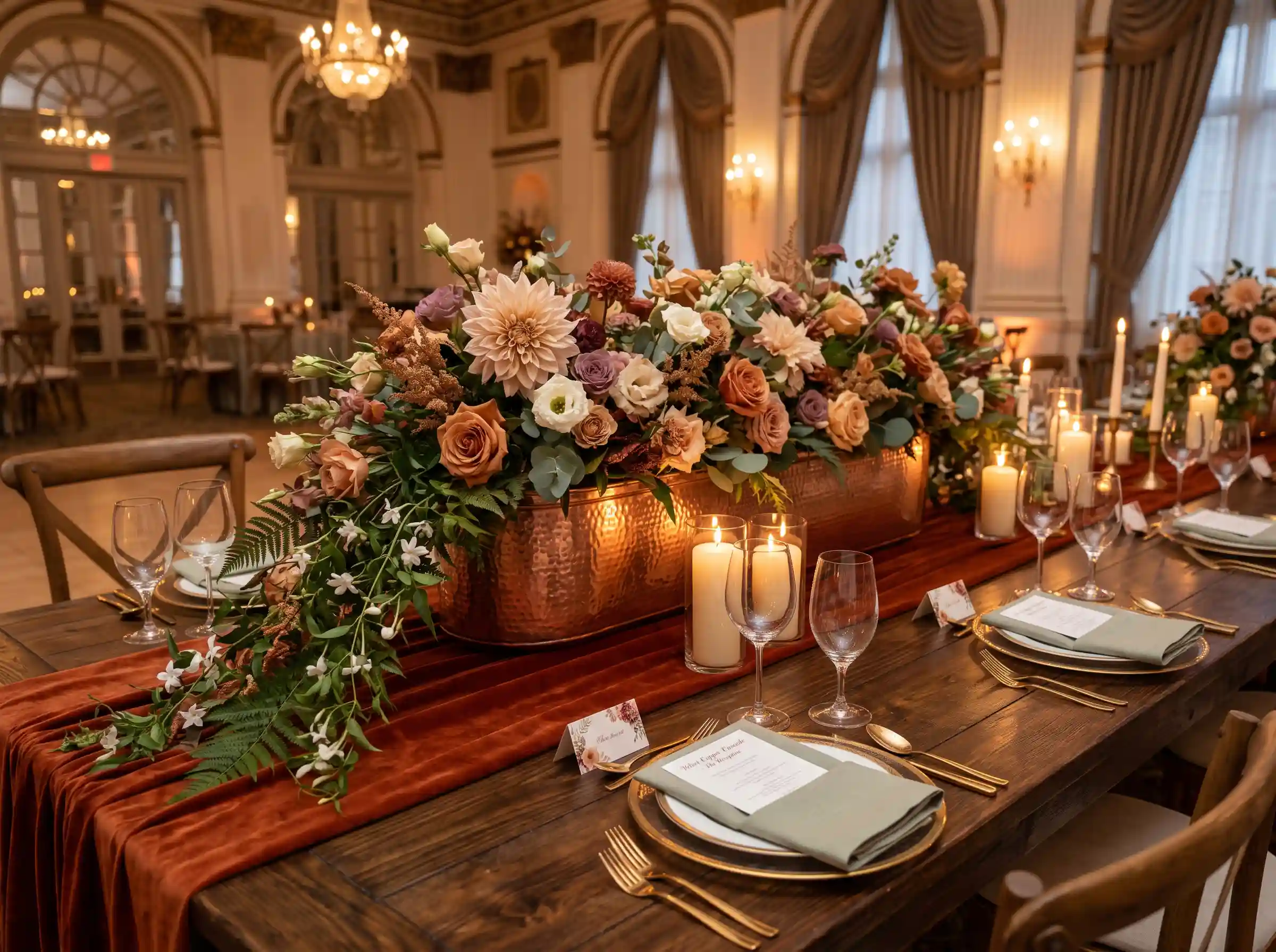 Cascading velvet-toned flowers in copper vessel with dramatic trailing wedding arrangement