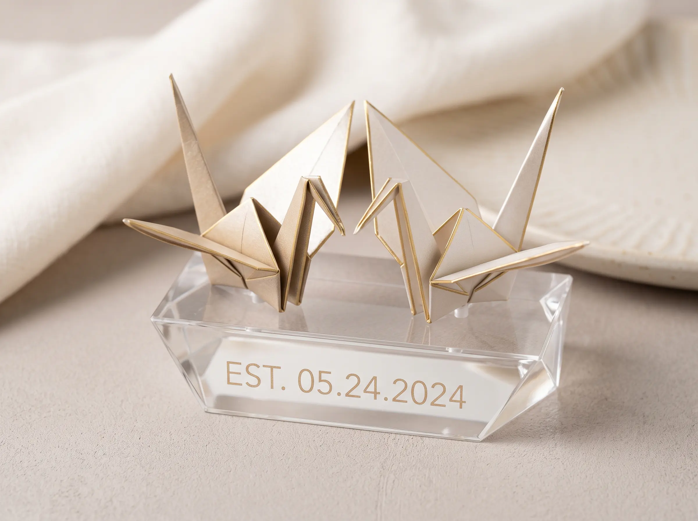 Origami crane harmony handmade wedding cake topper with folded paper birds in elegant pose