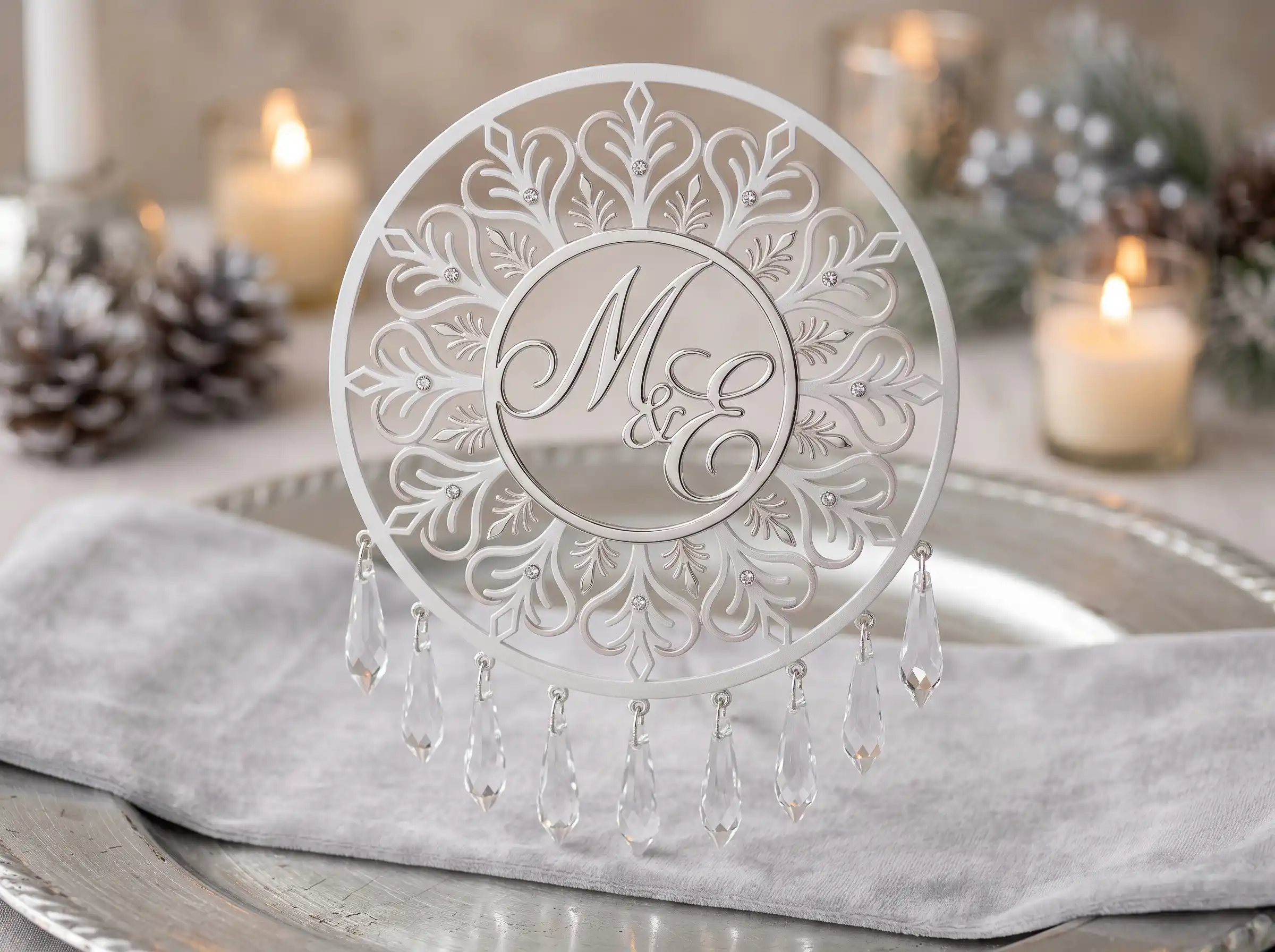 Crystal snowflake monogram wedding cake topper with sparkling winter theme and initial letters