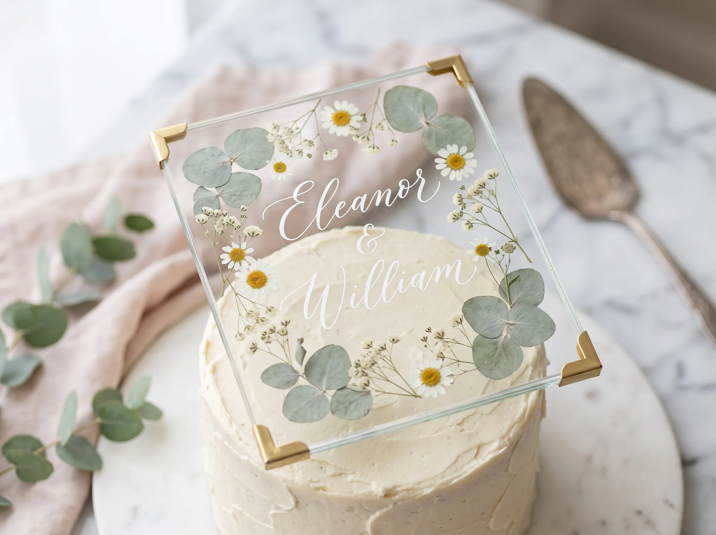 Pressed flower glass frame DIY wedding cake topper with preserved botanicals inside