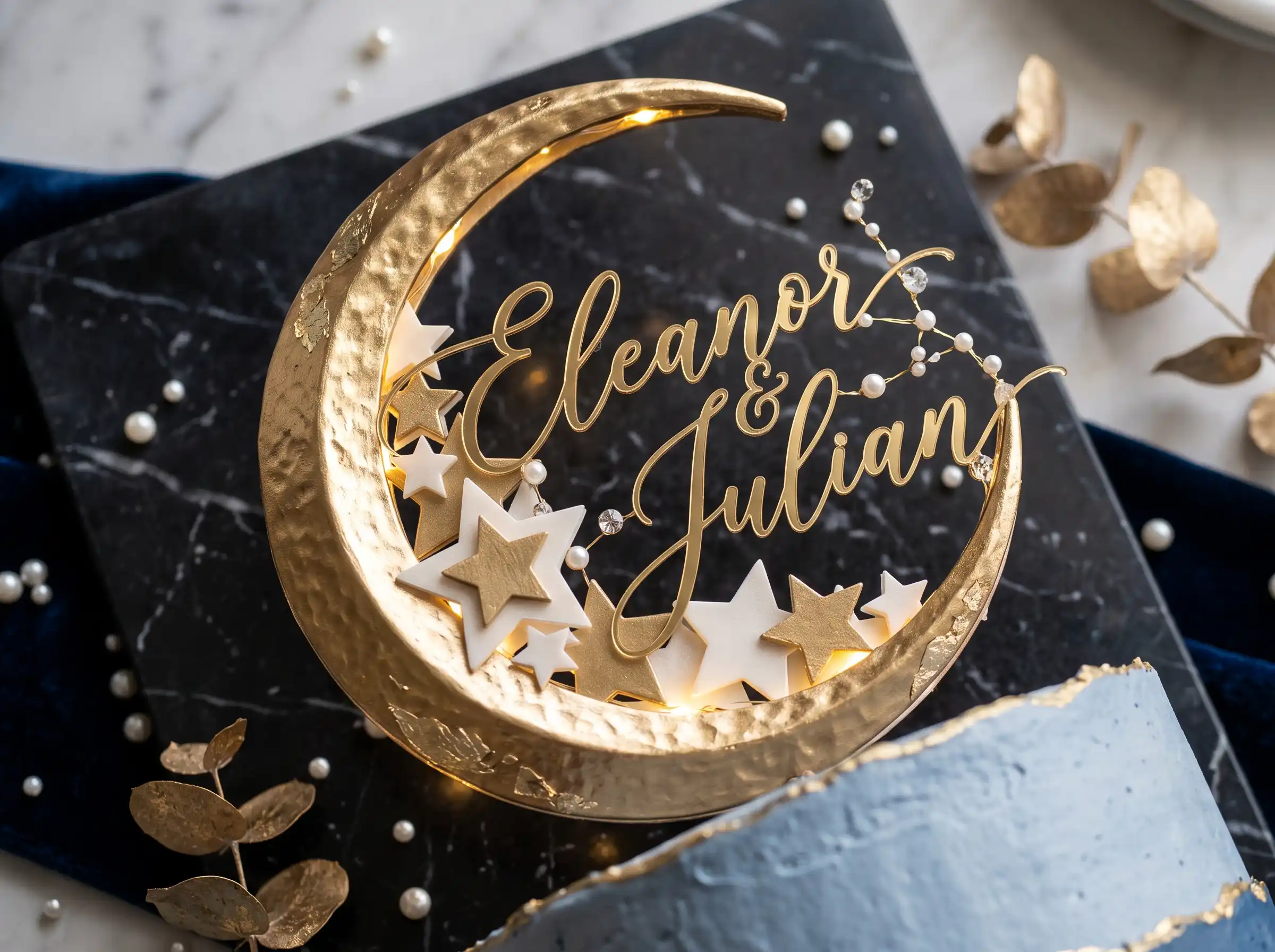Celestial crescent moon DIY cake topper with stars for romantic wedding decoration