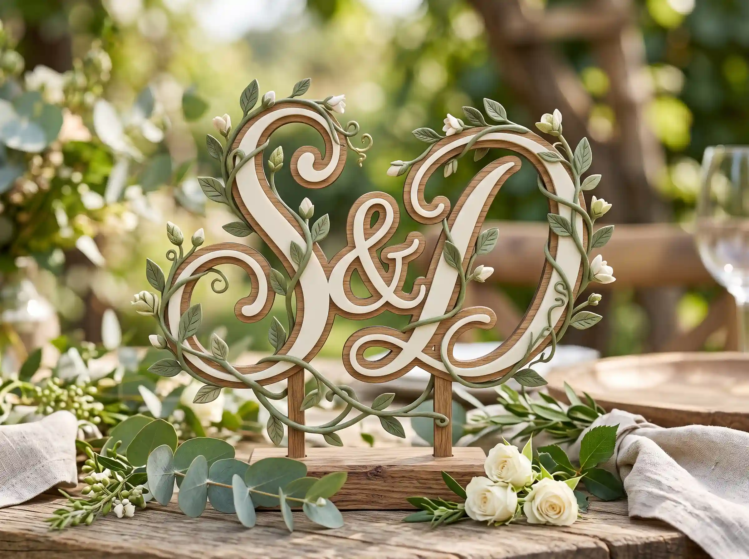Vine letter monogram DIY wedding cake topper with botanical vine wrapped initial letters