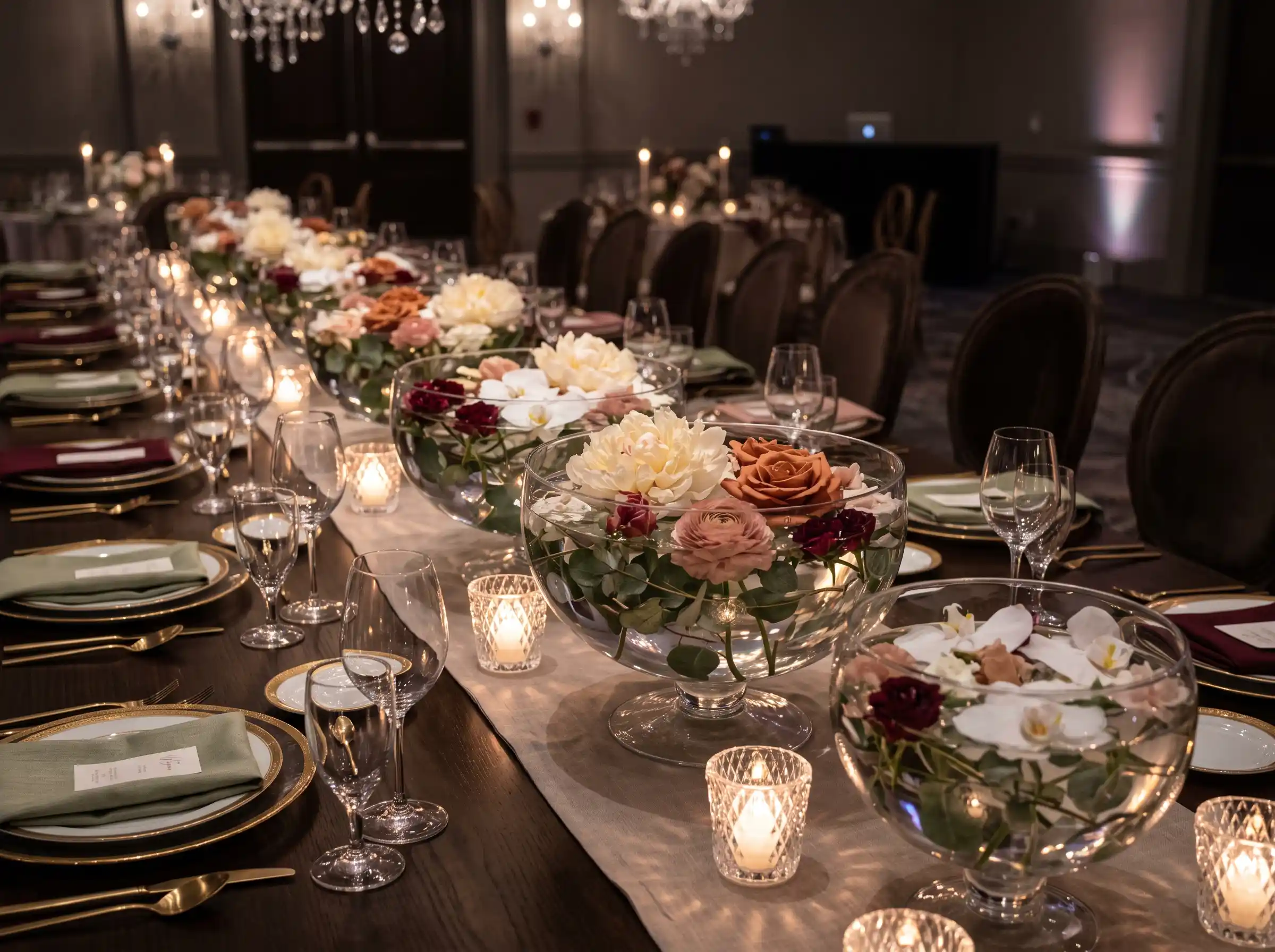 Floating flowers in glass bowls with submerged greenery creating ethereal wedding centerpiece