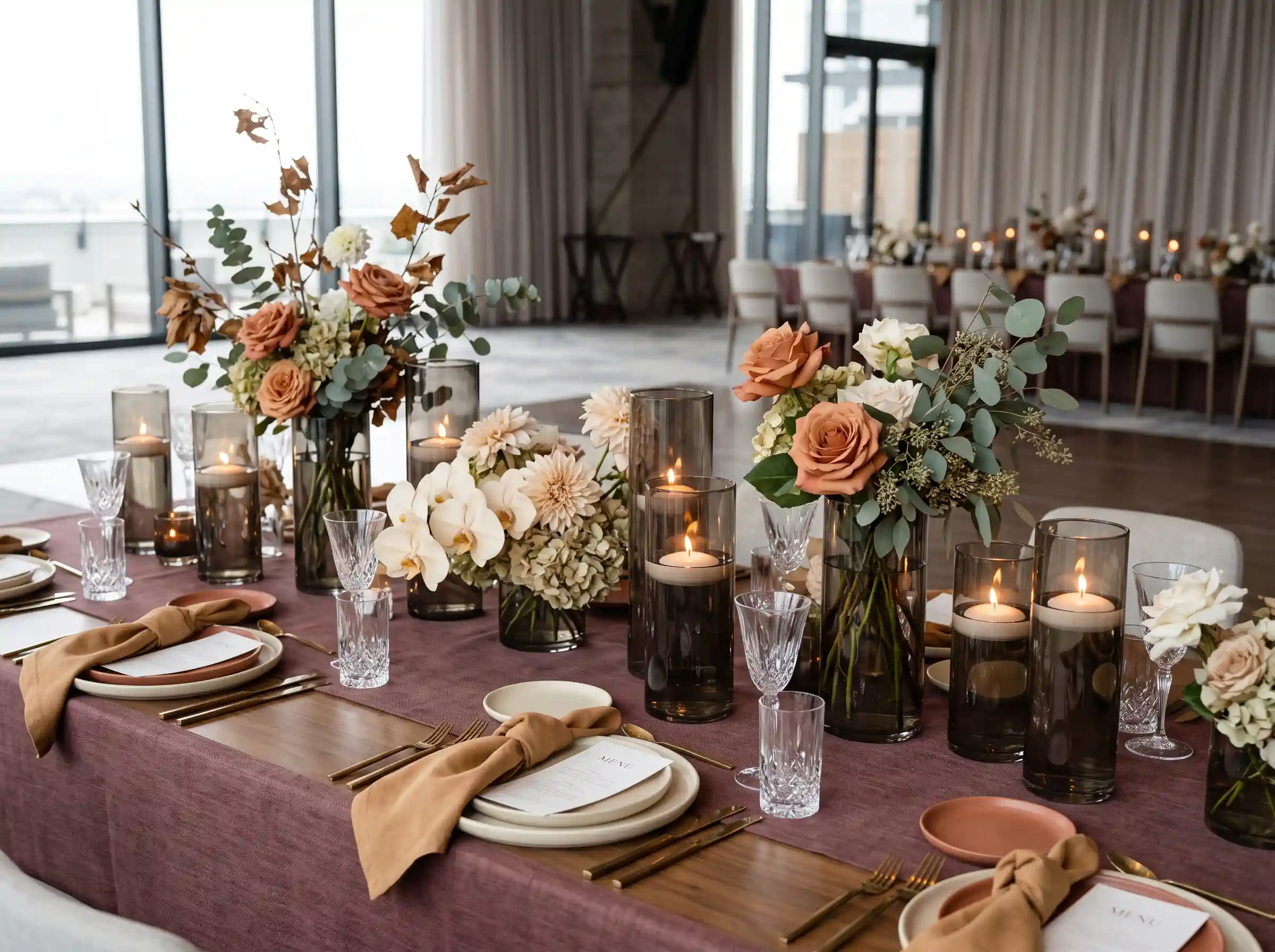 smoky gray glass vases with autumn wedding flowers in moody rich color palette