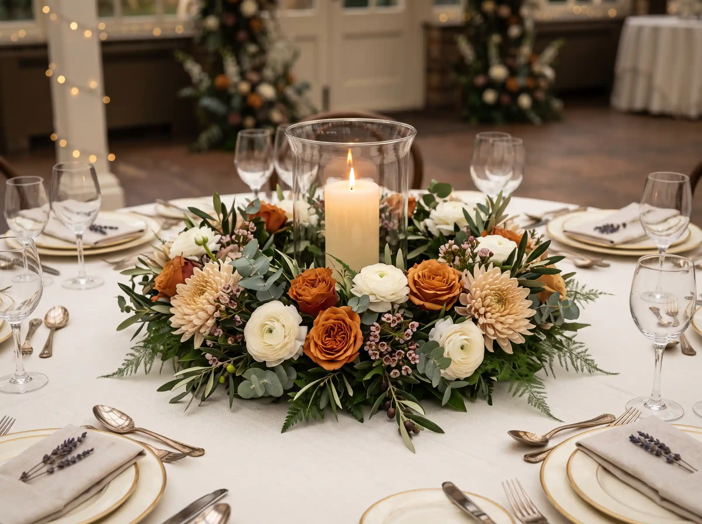botanical greenery wreath surrounding pillar candles as wedding table centerpiece