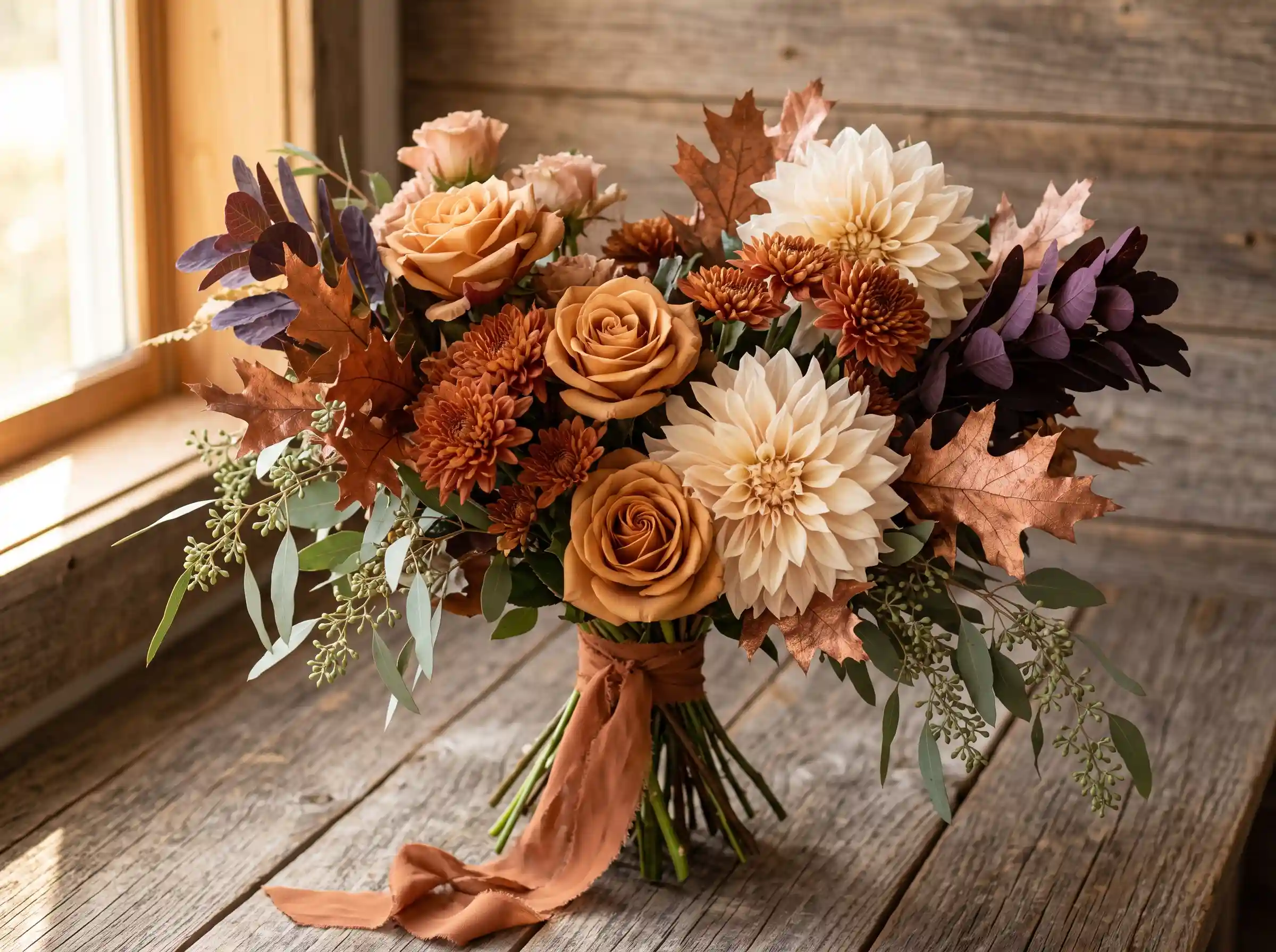 Autumn bridal bouquet with copper oak leaves and burnt orange boho wedding flowers