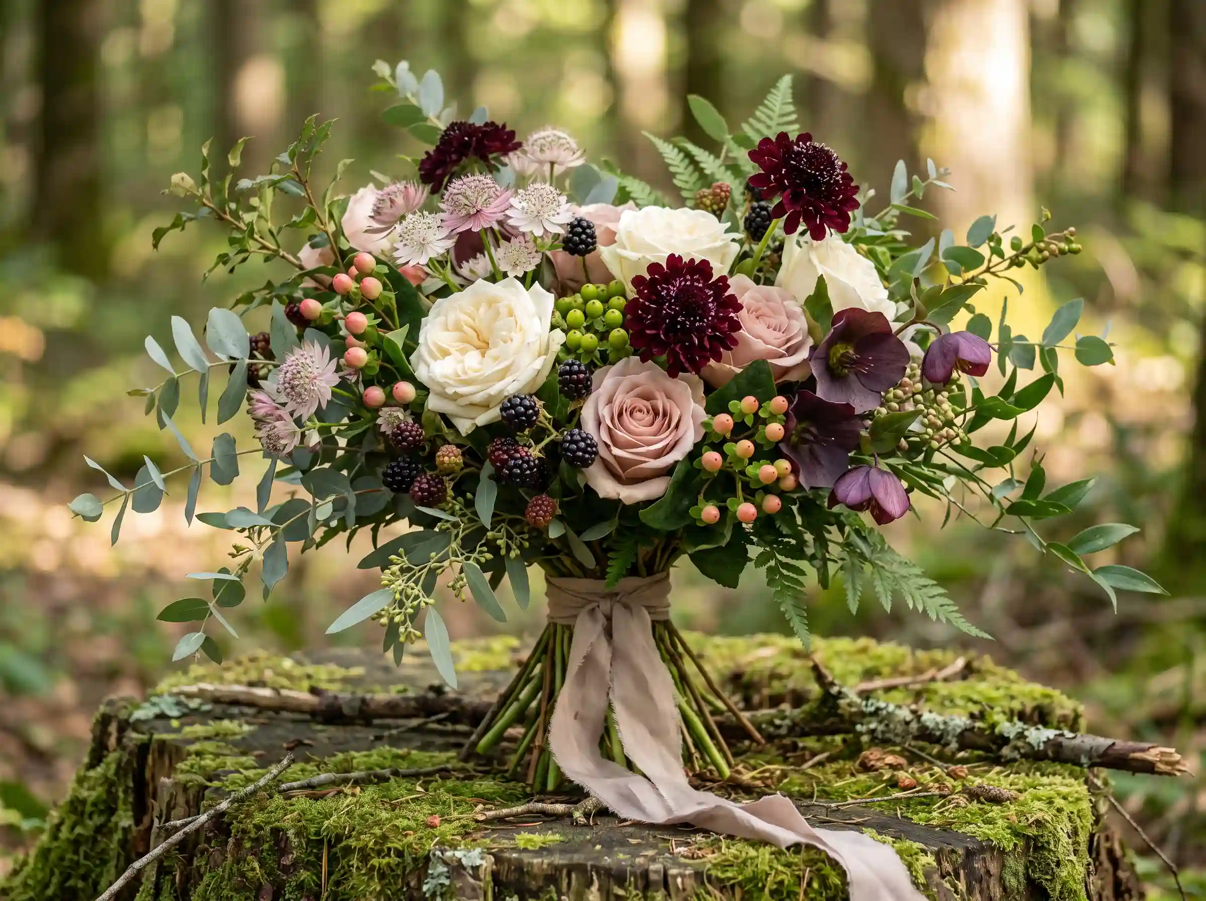 Woodland bridal bouquet with moss timber and berry accents in forest-inspired boho style