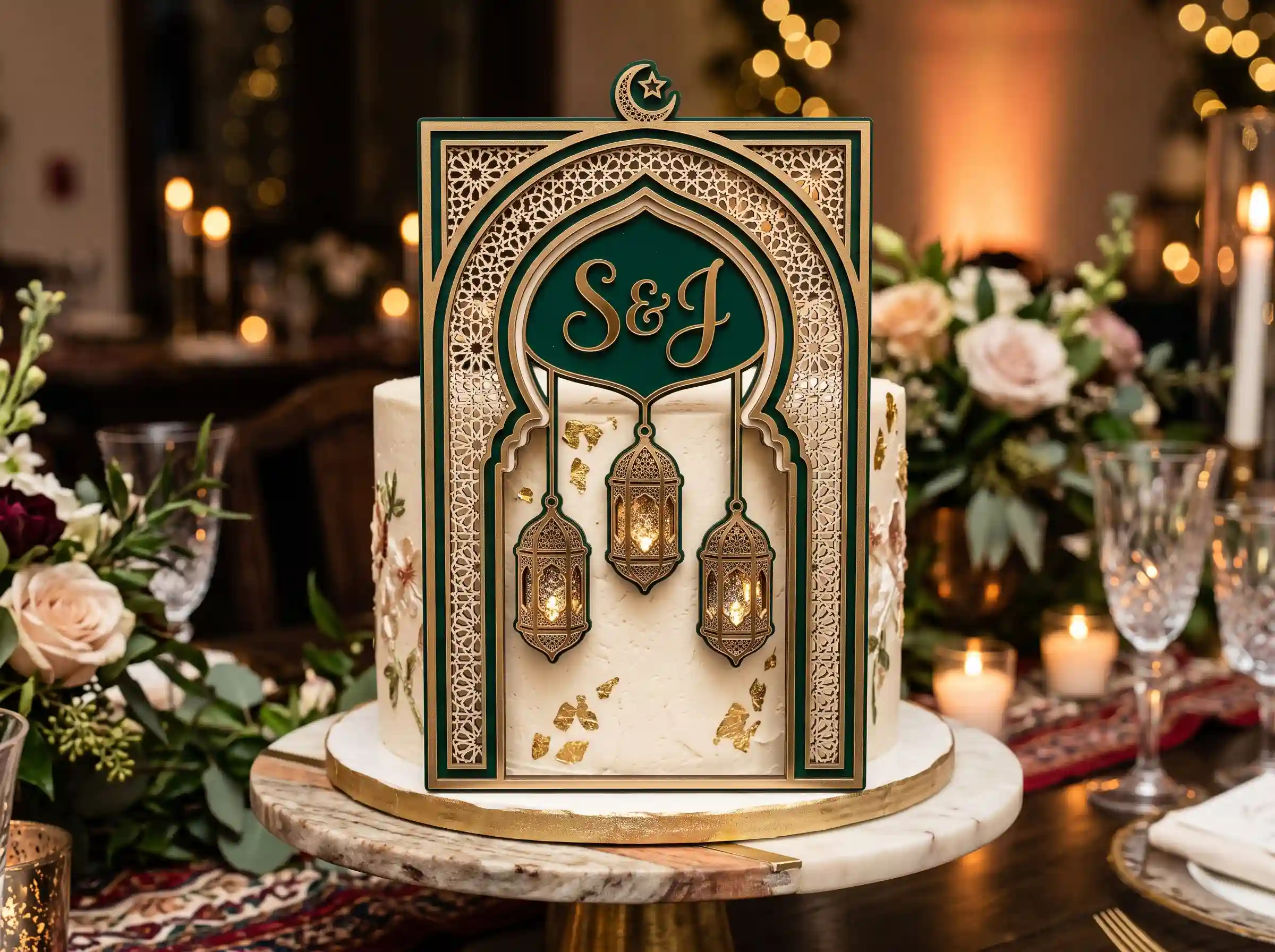 Moroccan lantern crest DIY cake topper with ornate geometric patterns and exotic detail