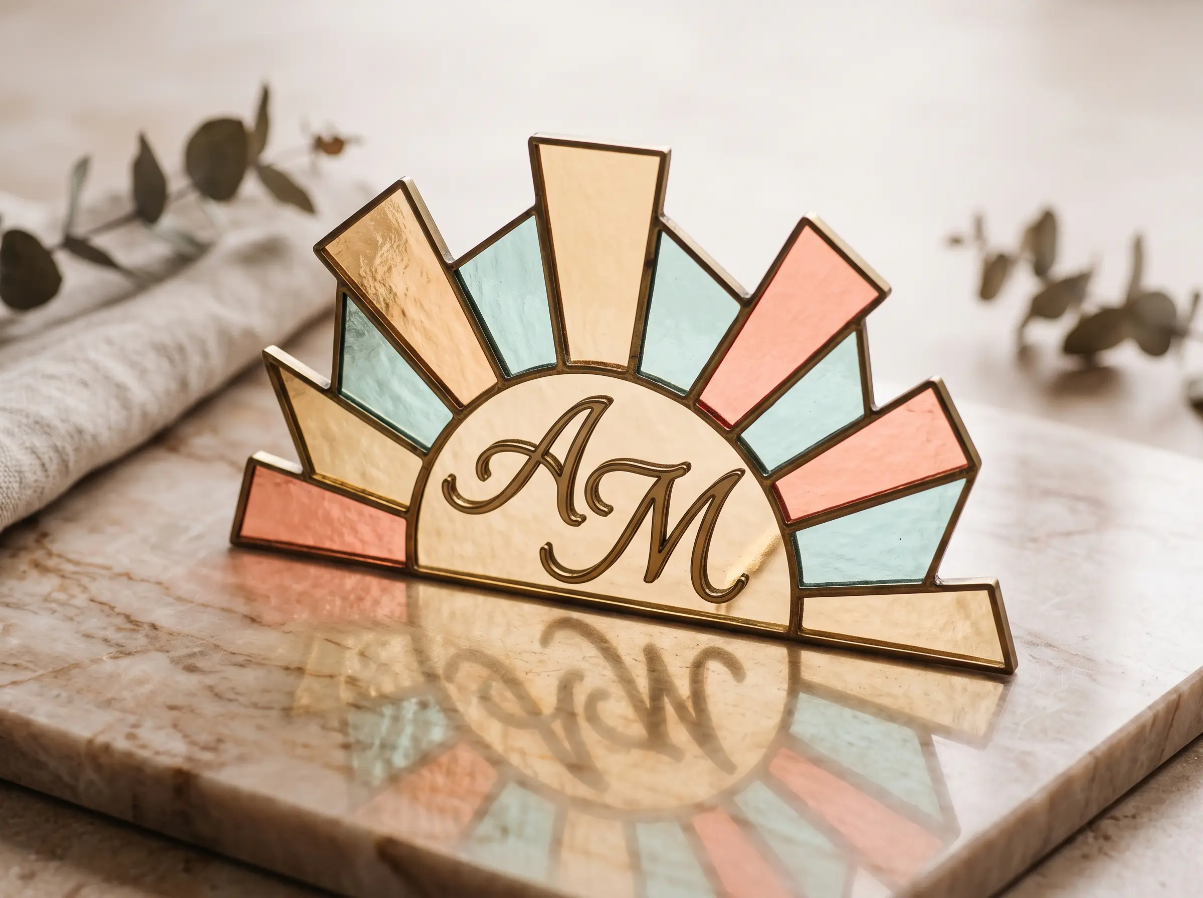 Stained glass sunrise DIY wedding cake topper with colorful translucent panels and warm tones