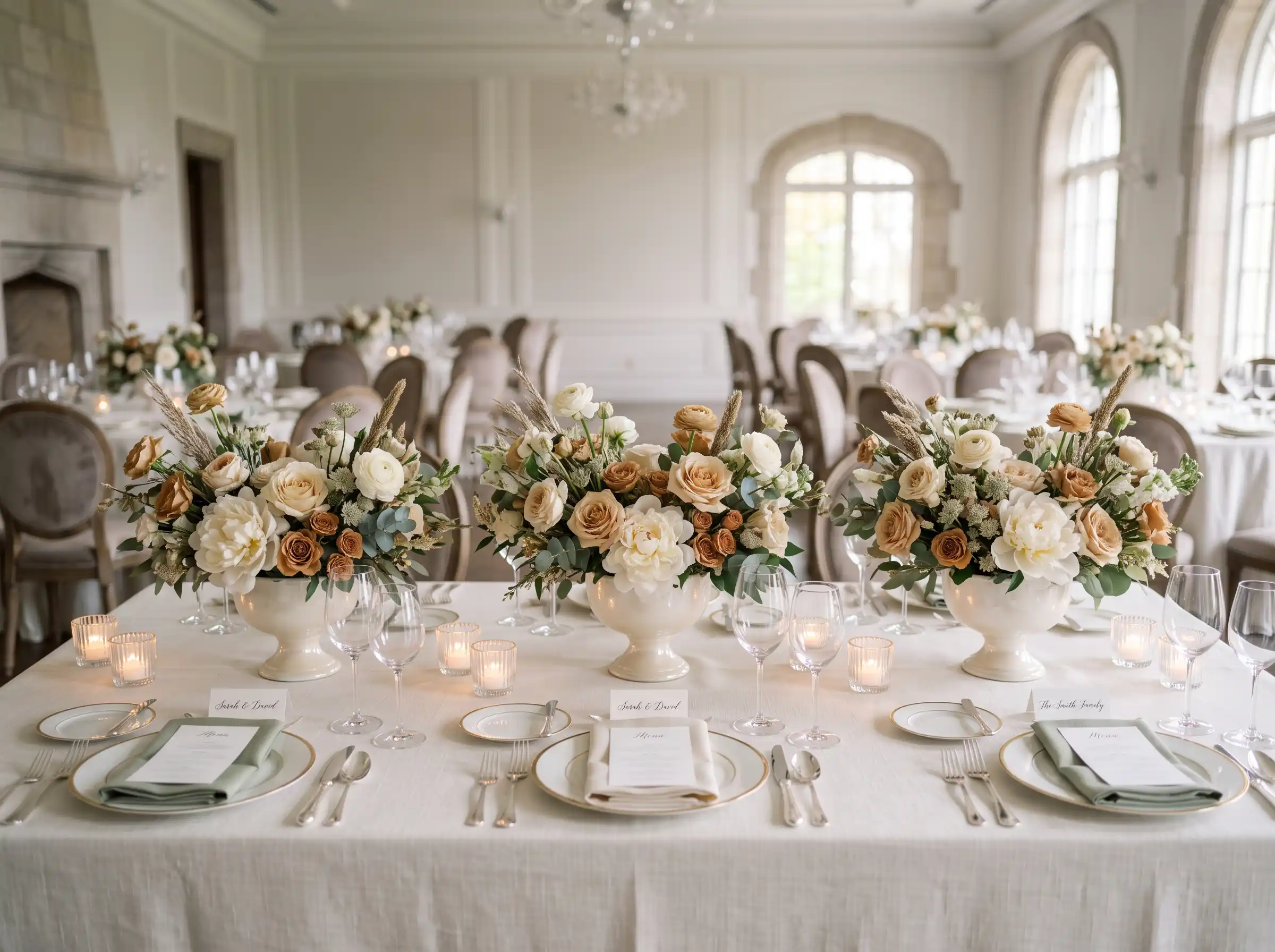 autumn toned wedding table flowers with pearl accents and elegant seasonal blooms