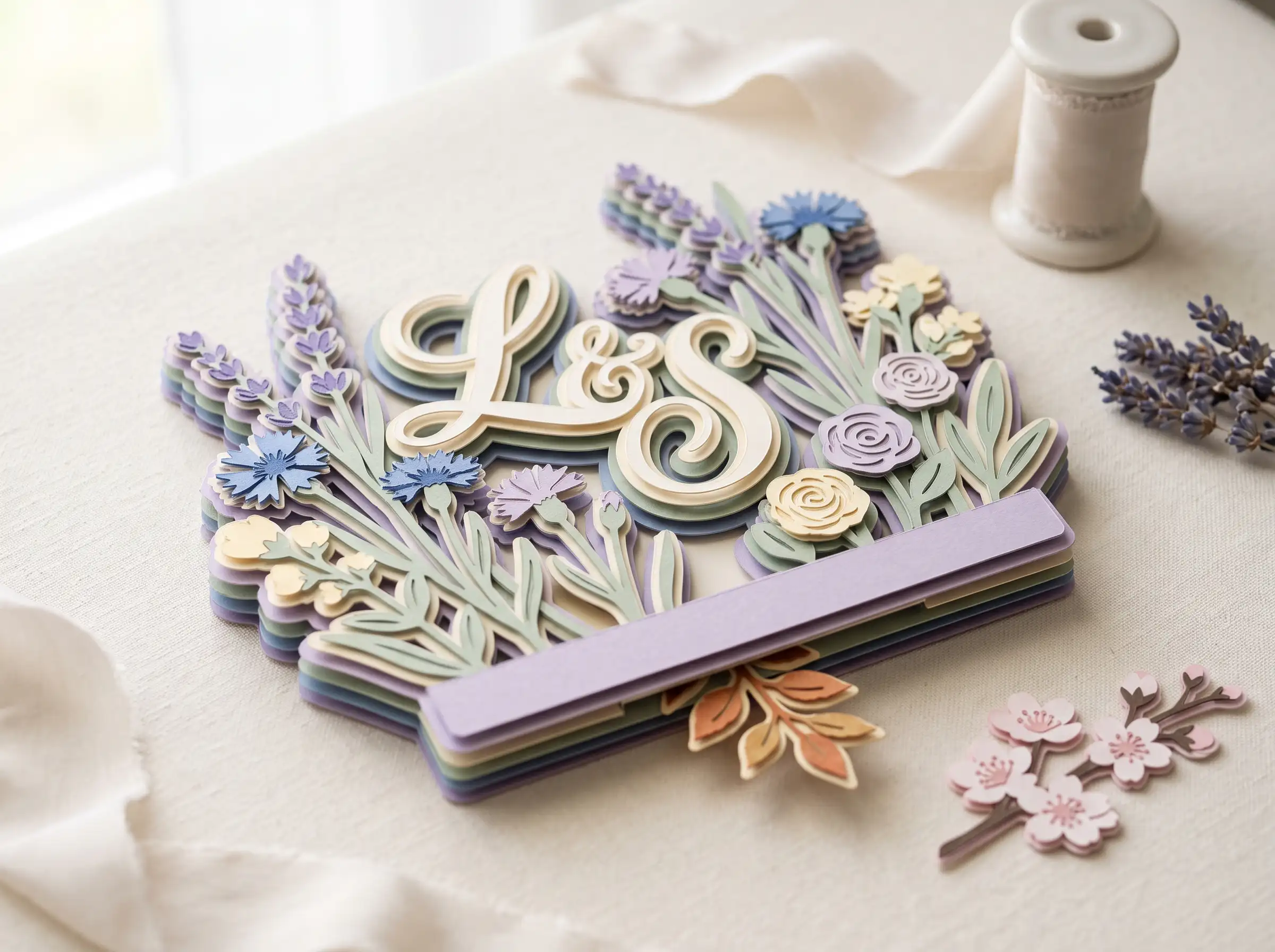 Layered paper wildflower meadow cake topper with colorful handcut botanical paper flowers