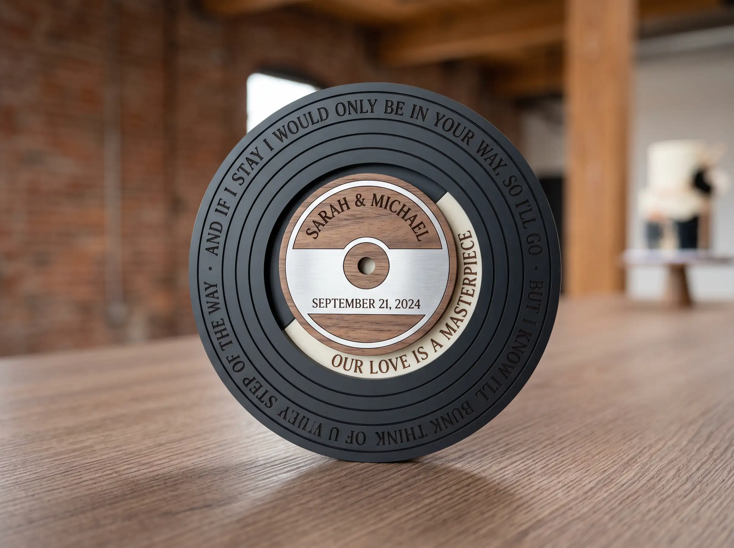 Vinyl record love song wedding cake topper with miniature record and music themed details