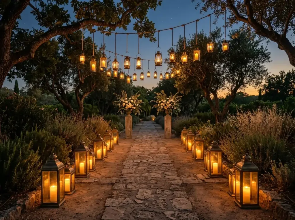 Lanterns illuminate garden cerem…
