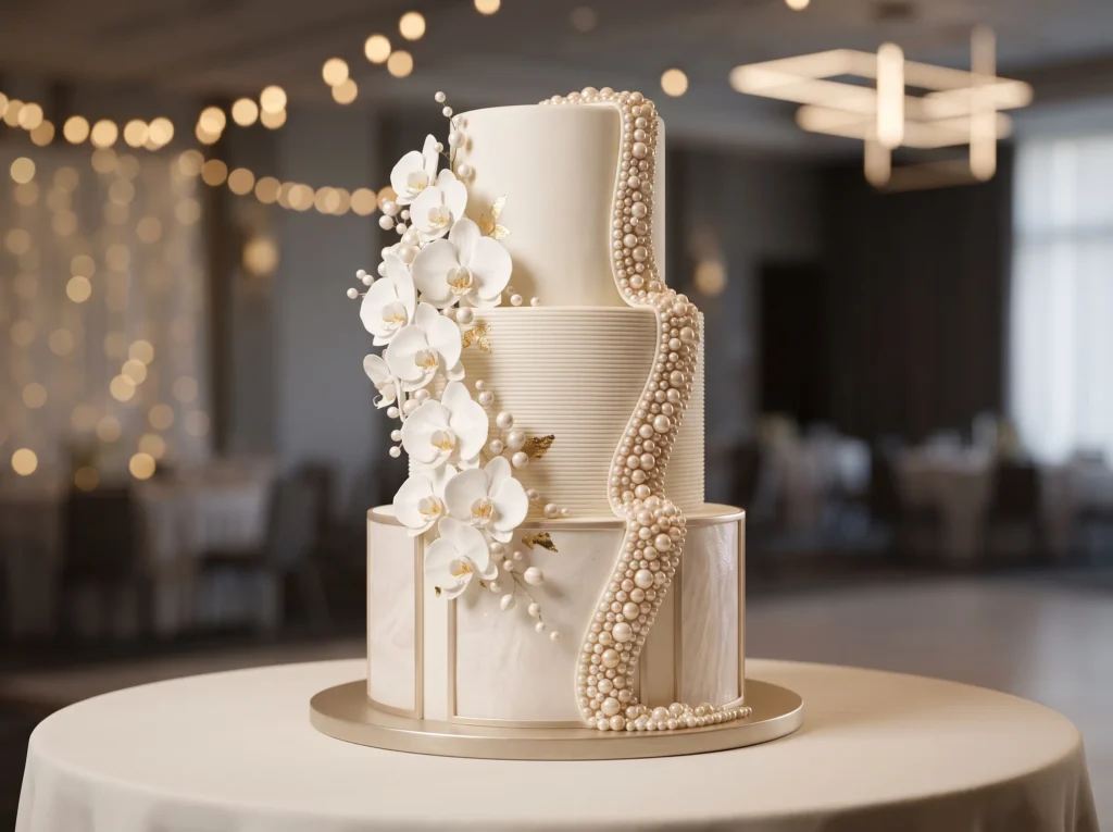 Architectural Pearl Cascade Inspiration Inspired Three tier ivory wedding cake di…
