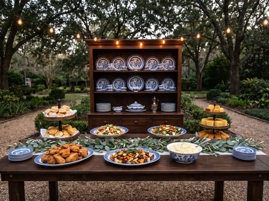 Blue Willow Southern Supper Inspiration A gracio Southern wedding buffet setup K