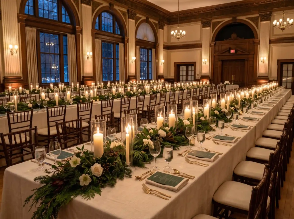 Candlelit Evergreen Elegance Inspiration A polis Winter wedding reception tablescape K