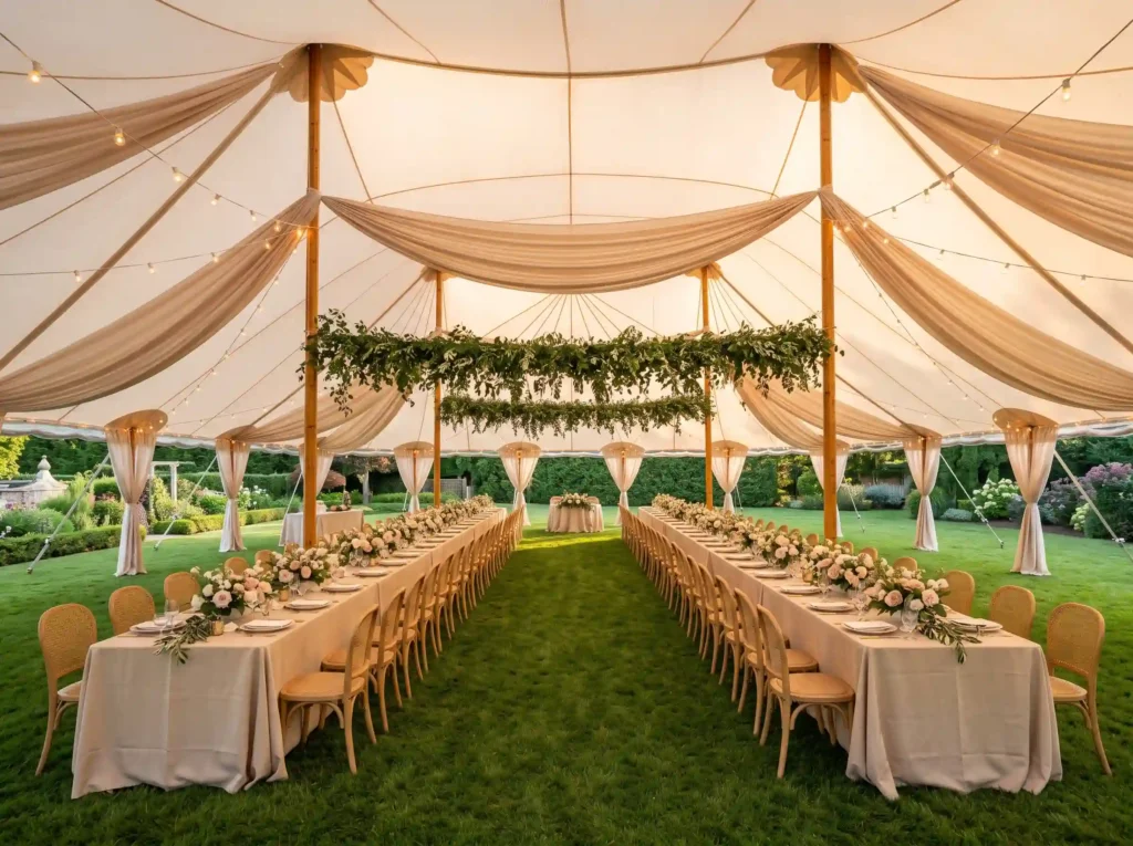 Champagne Draped Garden Glow Inspiration A softl Backyard wedding tent setup K