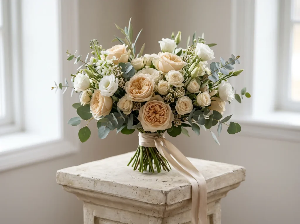 Champagne Garden Heirloom Inspiration Inspired b Bridal bouquet on stone pedestal