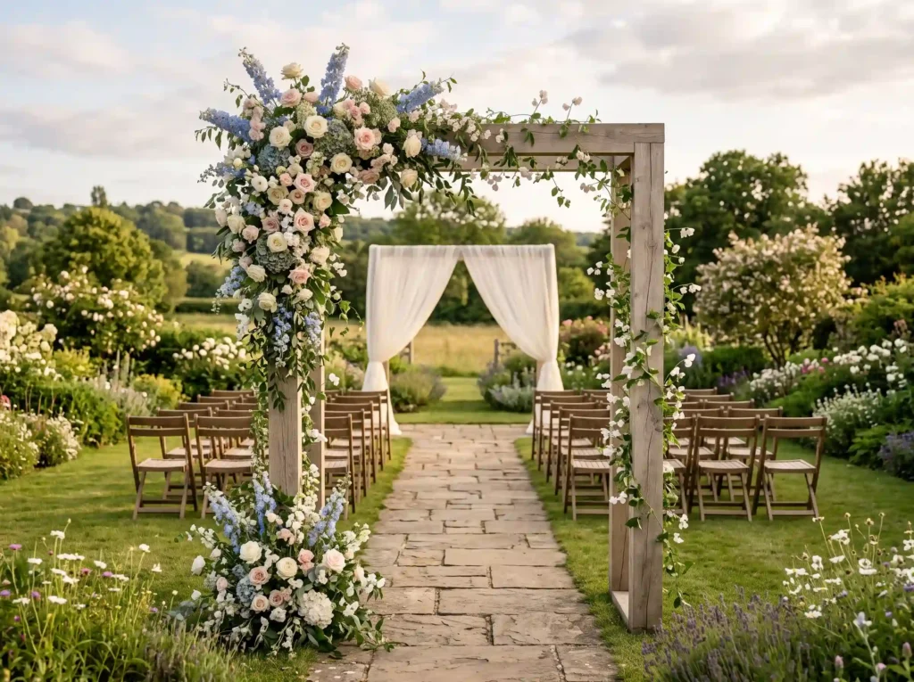 English Rose Meadow Portal Inspiration A refined Floral wedding arch in garden