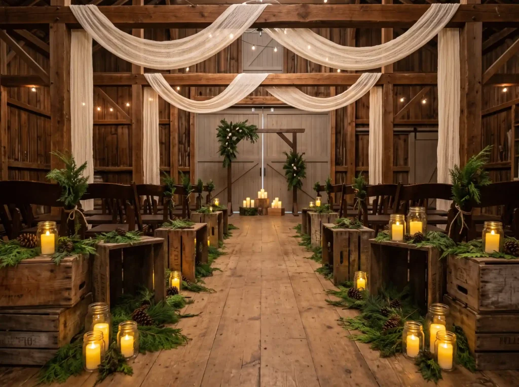 Evergreen Aisle Glow Inspiration Turn a simple r Rustic winter wedding aisle deco…