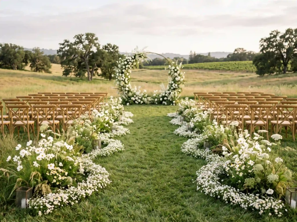 Meadow Ribbon Aisle Inspiration A soft meadow ce Meadow wedding ceremony with flo…