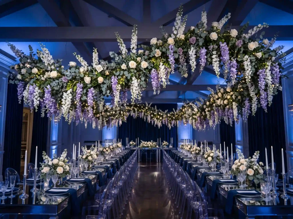Moonlit Wisteria Canopy Inspiration The dramatic Suspended floral reception hall …