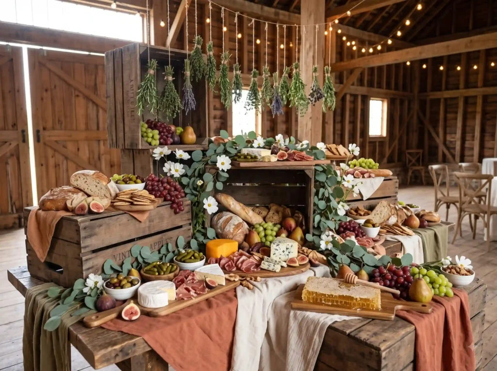 Orchard Crate Harvest Feast Inspiration Inspired Rustic barn grazing table feast
