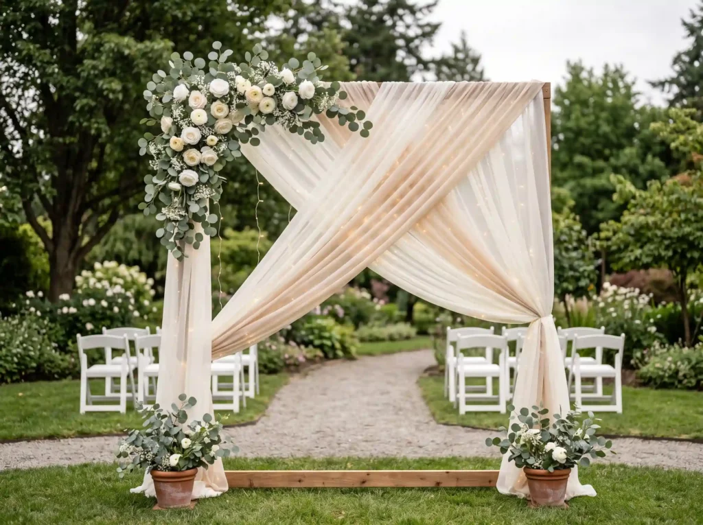 White Draped Ceremony Frame Inspiration A simple Draped wedding ceremony frame K