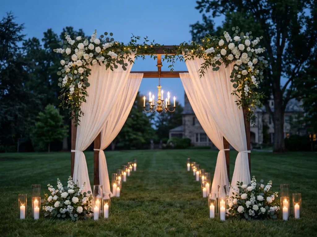 Candlelit white rose arbor setup