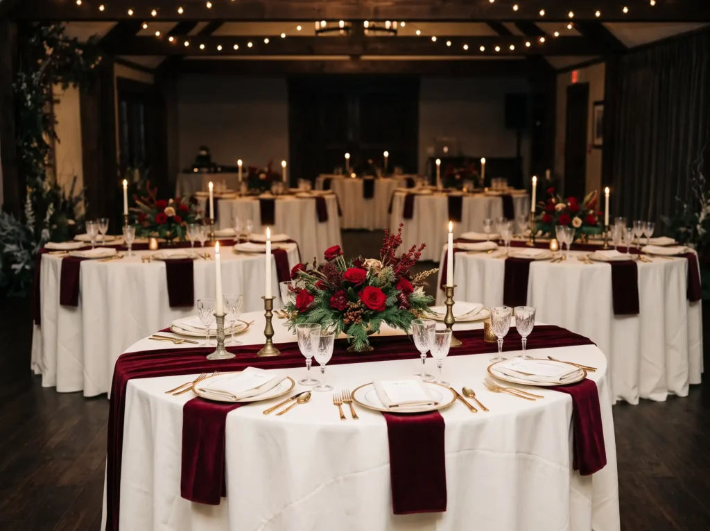 Burgundy Velvet Table Drama Inspiration Rich win Burgundy velvet wedding table re…