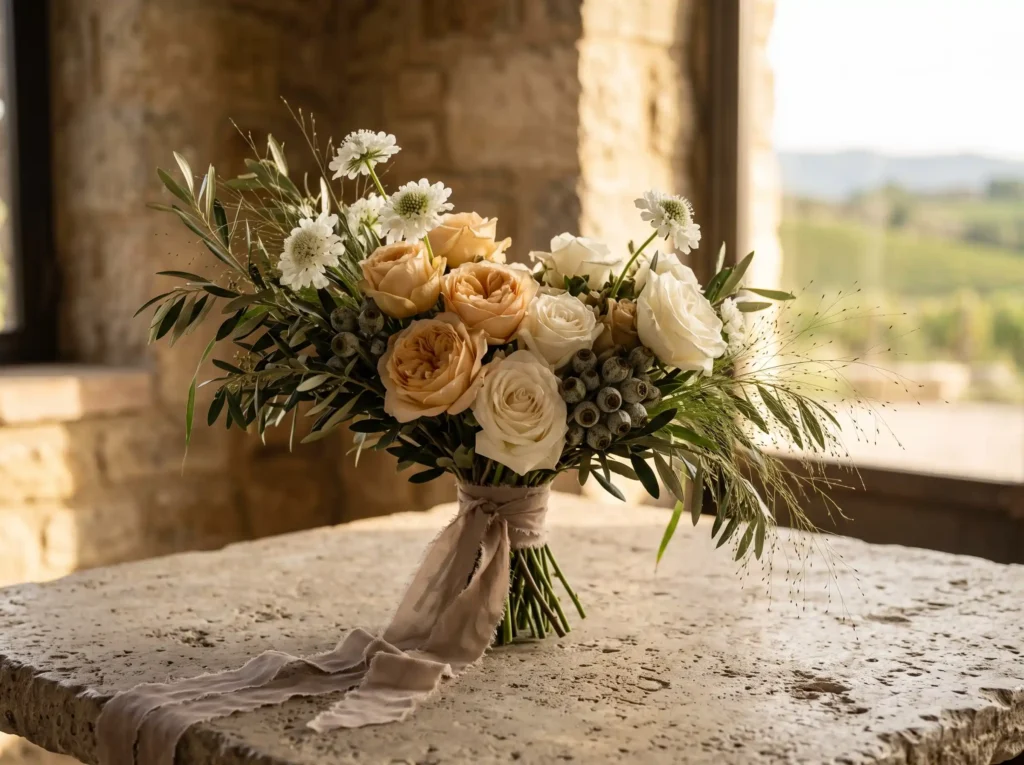 Champagne Vineyard Romance Inspiration This desi Bridal bouquet rests on table