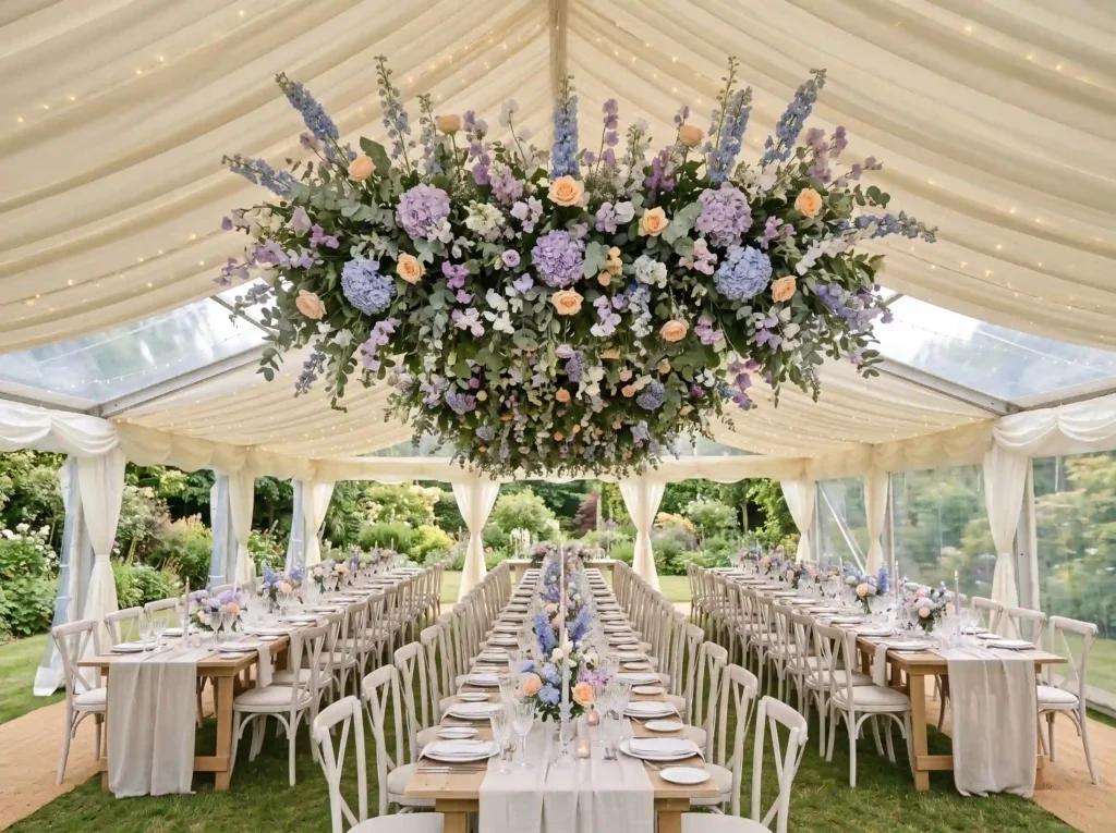 Lavender Cloud Canopy Inspiration A dreamy flora Backyard wedding tent with flora…