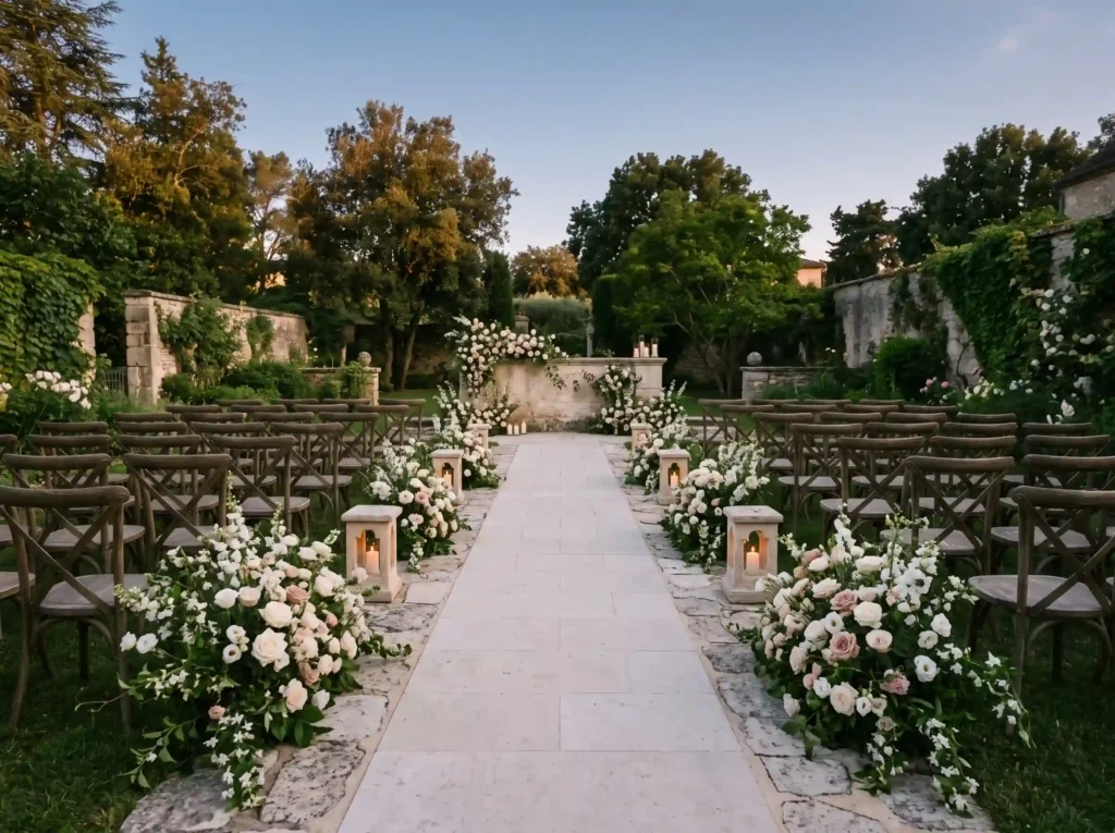 Stone Path Romance Inspiration Inspired by Europ Stone path garden ceremony setup