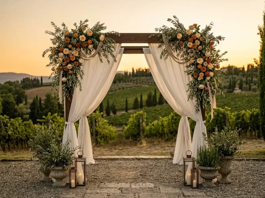 Tuscan Olive Grove Draped Arch Inspiration The r Decorated wedding arch in garden