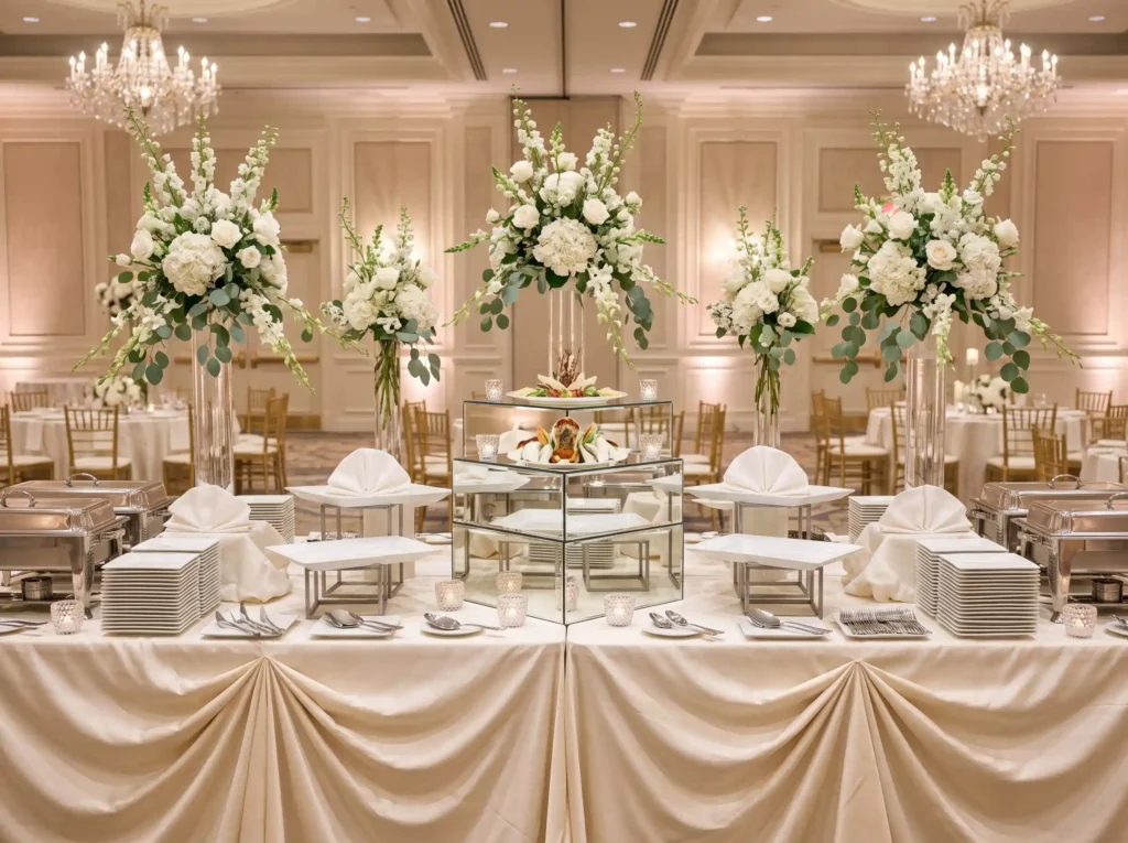 White Ballroom Luxe Buffet Inspiration The forma Luxury ballroom wedding buffet s…