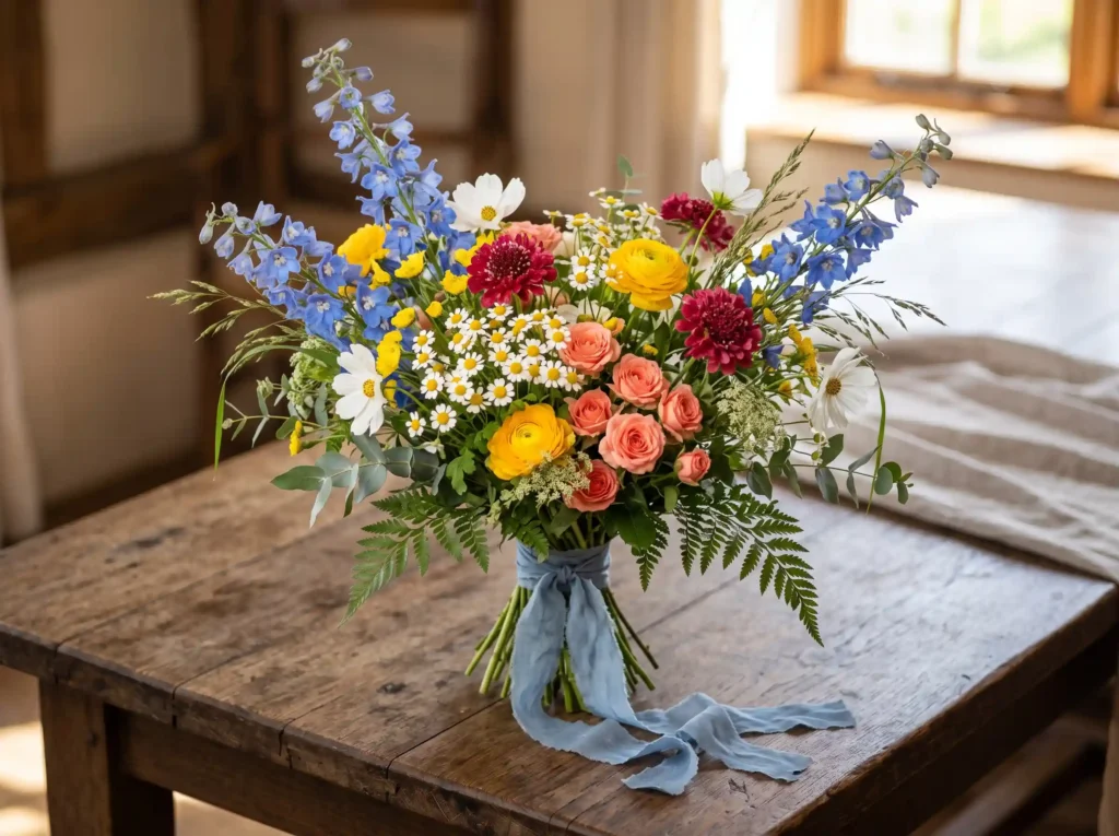 Wildflower Meadow Bliss Inspiration A joyful bou Wildflower bouquet on wooden table