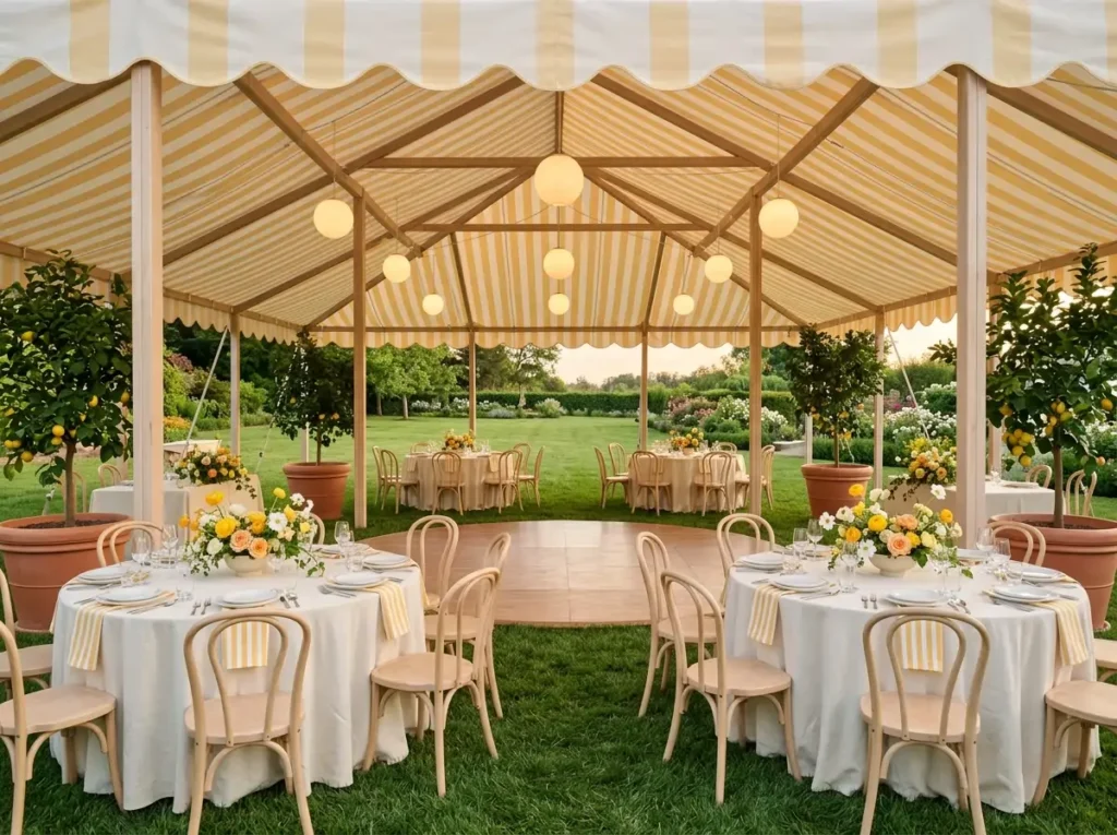 Backyard summer dinner tent setup