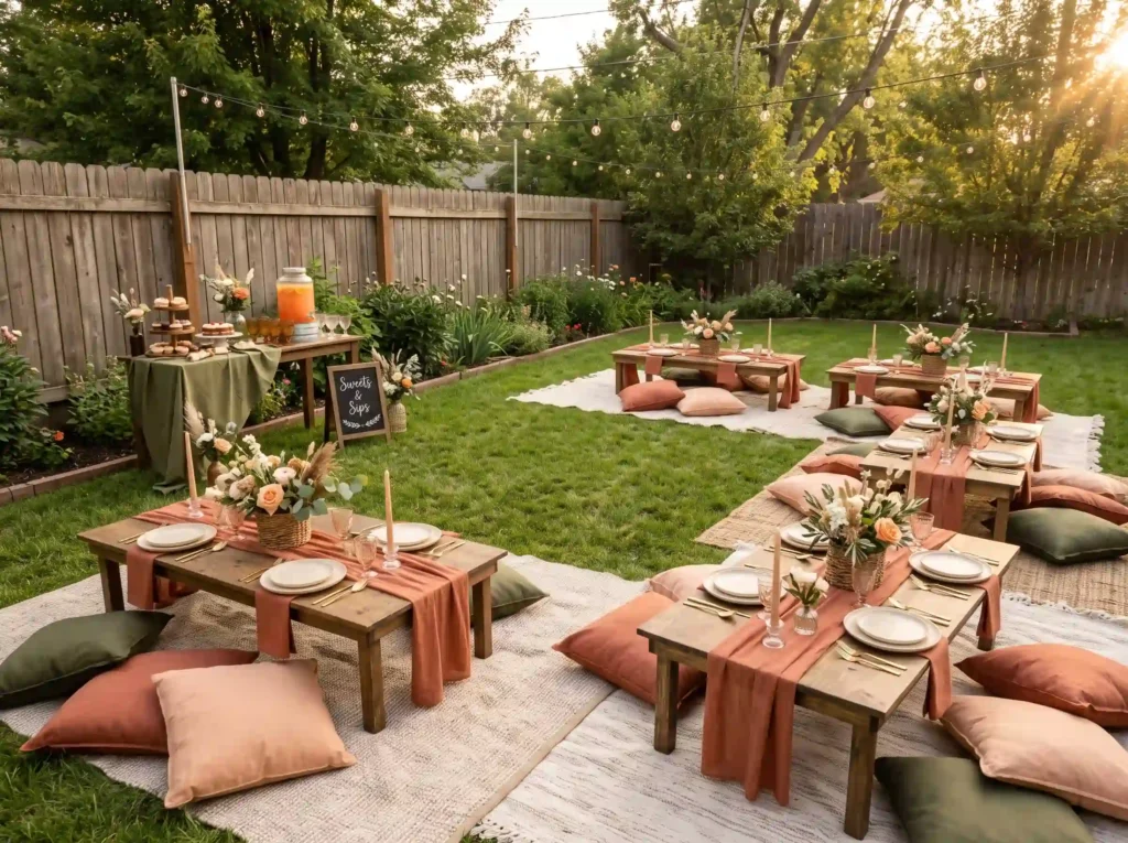 Backyard Picnic Reception Inspiration A relaxed Backyard picnic wedding receptio… K