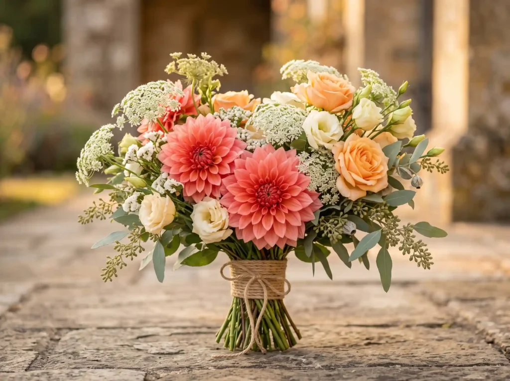 Citrus Sunset Bloom Inspiration Warm summer even Bridal bouquet on stone surface
