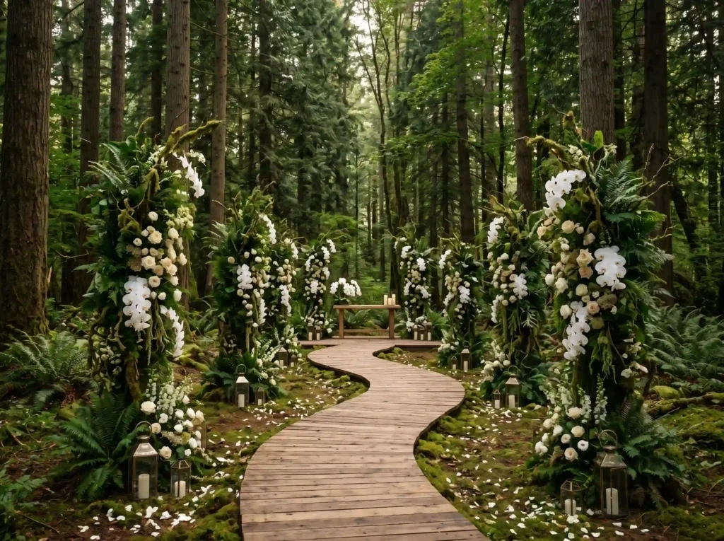 Forest Cathedral Aisle Inspiration Towering wood Forest wedding ceremony aisle K