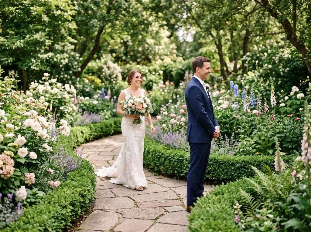 Garden Path First Look Inspiration An intimate p Couple meeting on garden path
