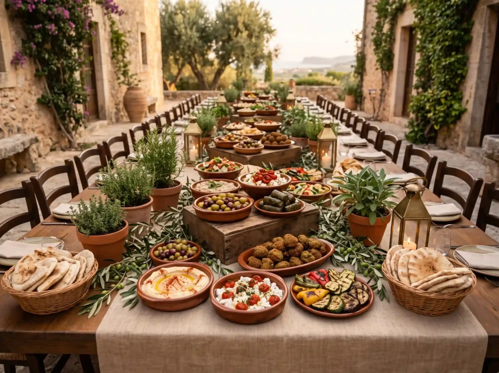 Mediterranean Mezze Table Inspiration The earthy Mediterranean mezze table arrang… K