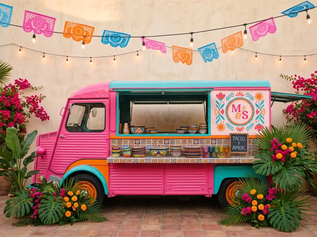Pink Mercado Taco Truck Inspiration This playful Pink taco truck wedding station