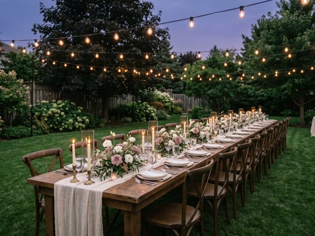 Twilight Farm Table Inspiration A refined backya Twilight farm table reception setup