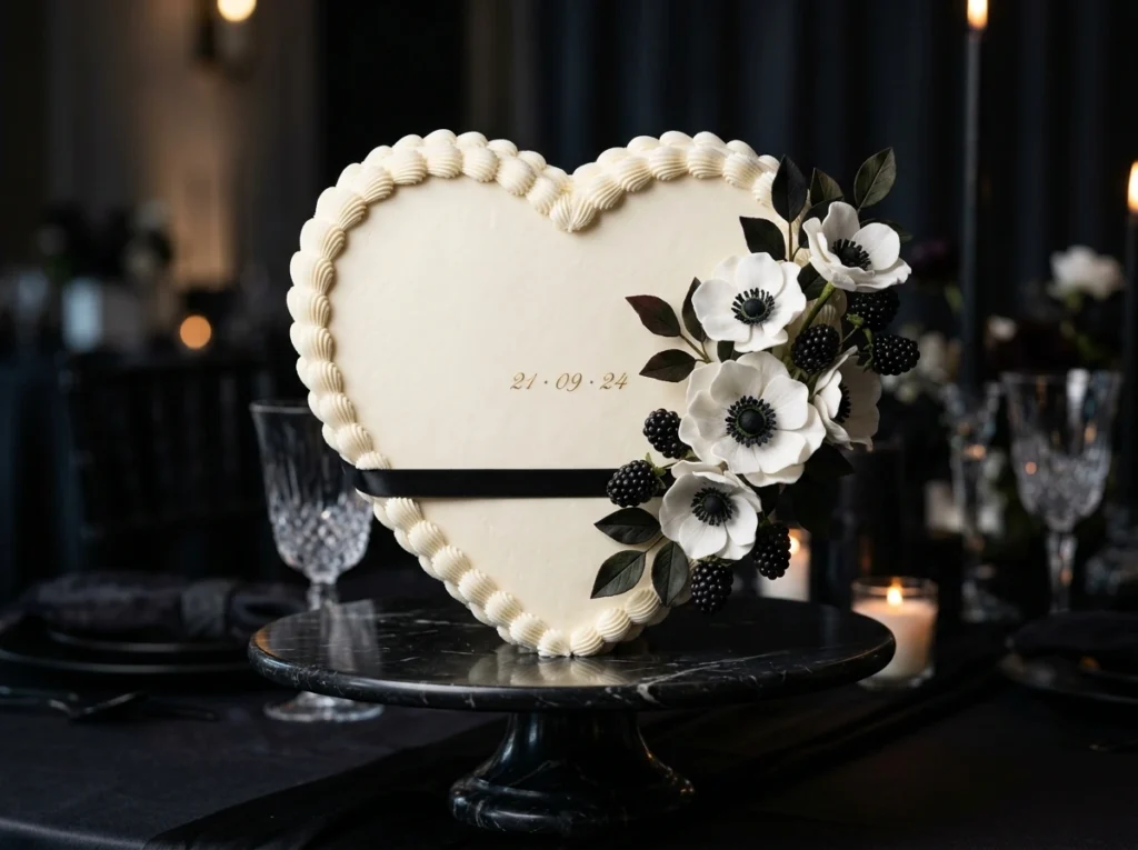 Ivory heart cake with ribbon