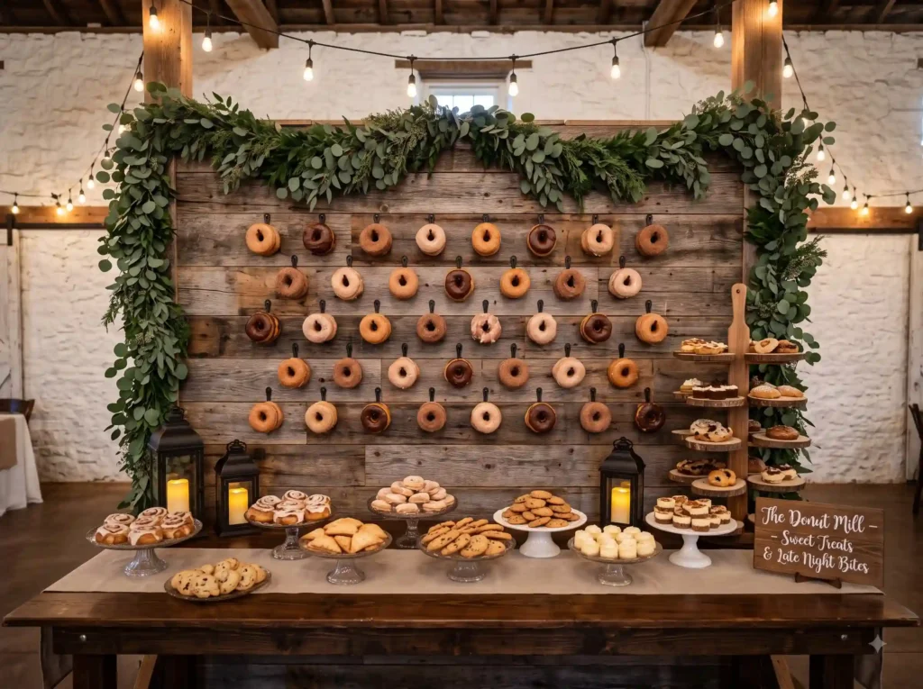 Donut Mill Dessert Wall Inspiration A playful co Donut wall in rustic barn